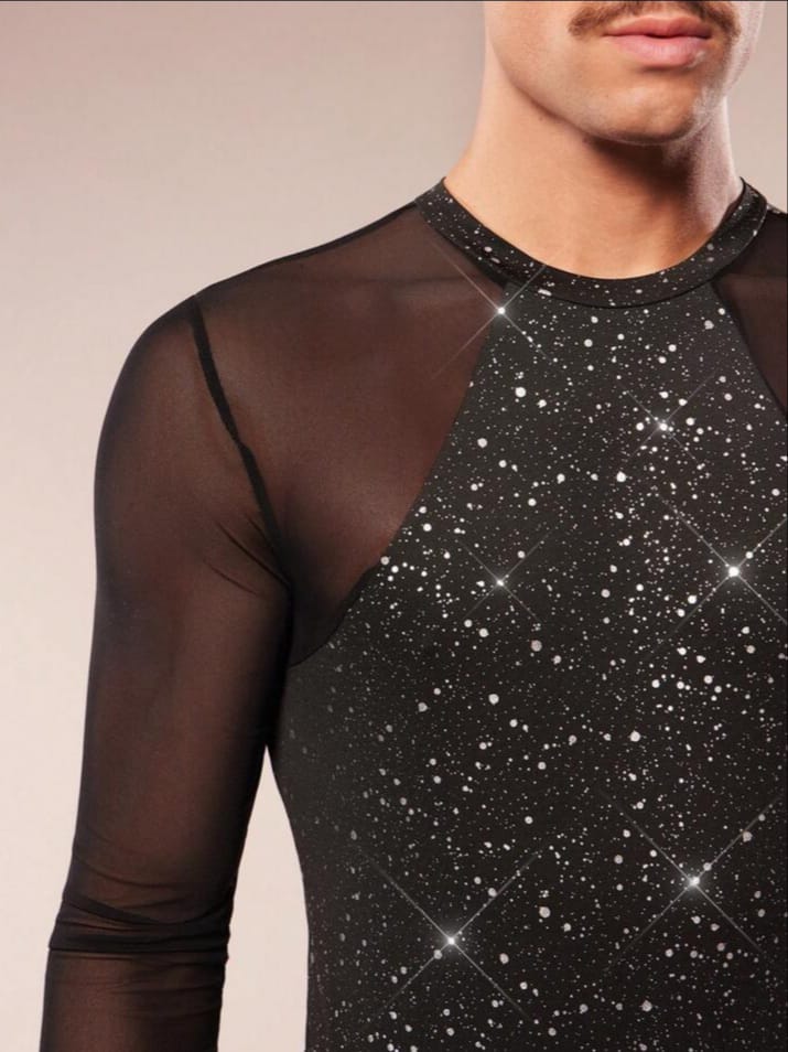 CRYSTAL-CITY Men's Shinny Mesh Patchwork Long Sleeve Bodysuit